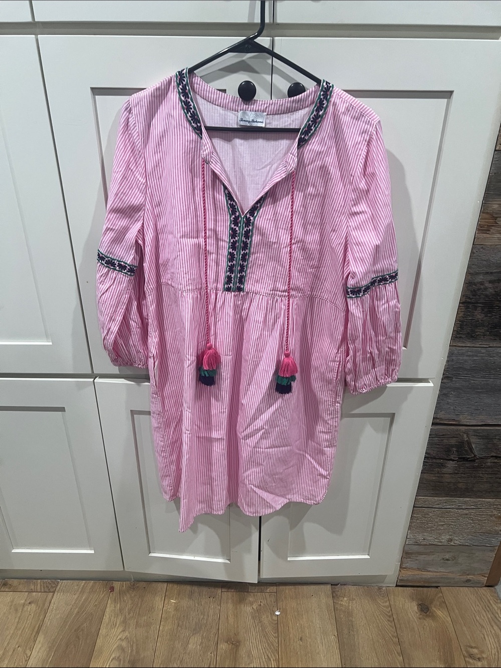 Tommy Bahama Pink and White Striped Embroidered Peasant Top